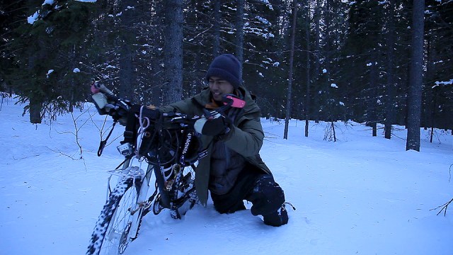 not easy to move my bike through the deep snow. i sunk as deep as my waist