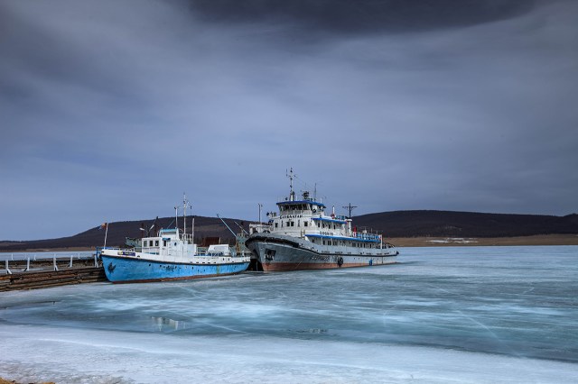 abandoned ships at the frozen lake of Khovsgol