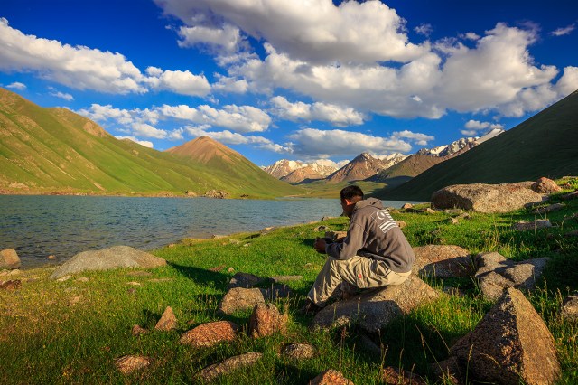 having dinner near the lake after a hard day of ride